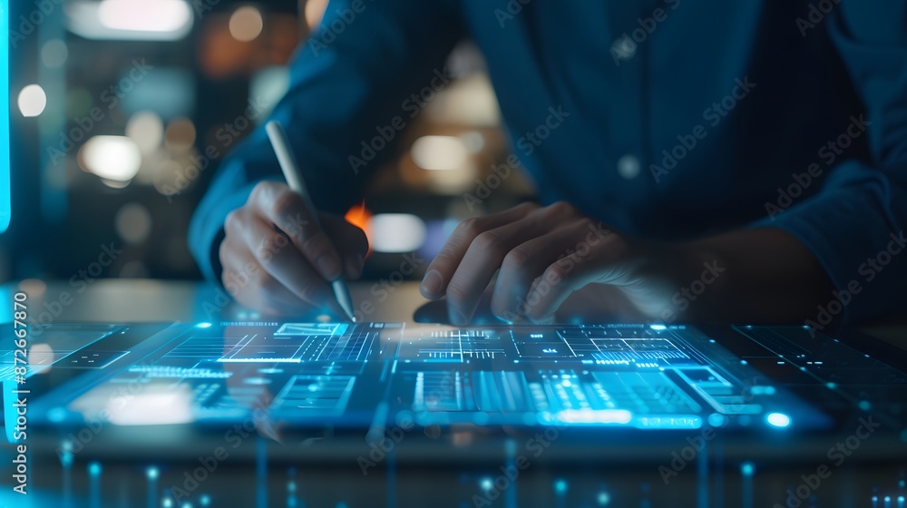 Person using a stylus on a digital tablet with a holographic interface, representing futuristic technology and innovation. Person using a stylus on a digital tablet with a holographic interface, representing futuristic technology and innovation.