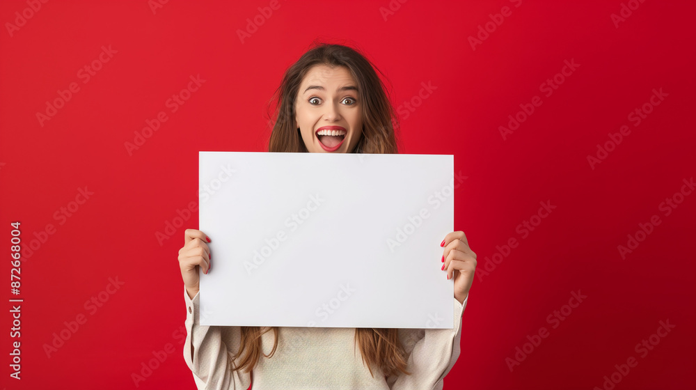 Portrait of excited young woman holding white blank banner isolated on red background, advertising concept, mockup design template Portrait of excited young woman holding white blank banner isolated on red background, advertising concept, mockup design template