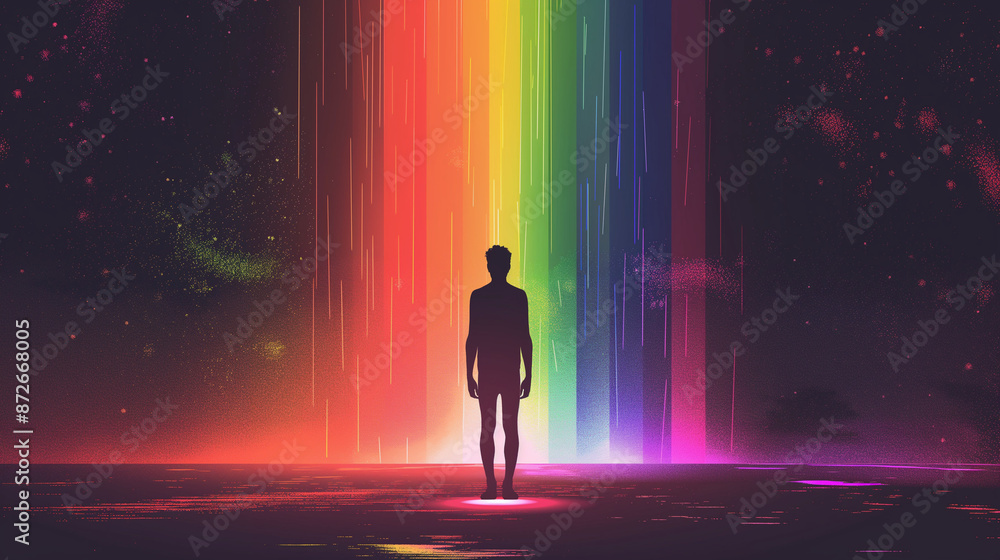 Silhouette of a man standing in front, a rainbow aura surrounding him with a black background Silhouette of a man standing in front, a rainbow aura surrounding him with a black background