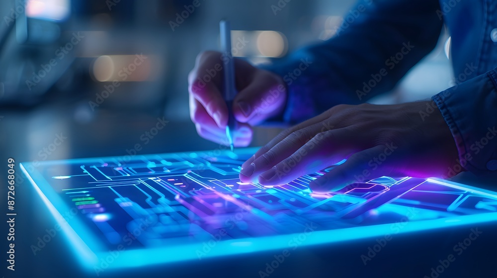 Person using futuristic digital interface with a stylus. Technology ...