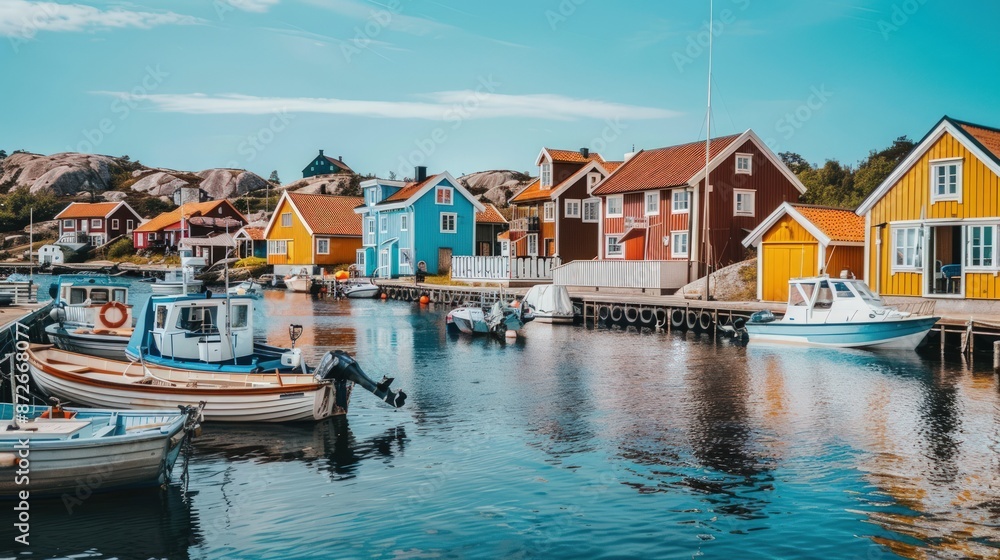 Fototapeta premium A small town with many colorful houses and boats on the water. Generate AI