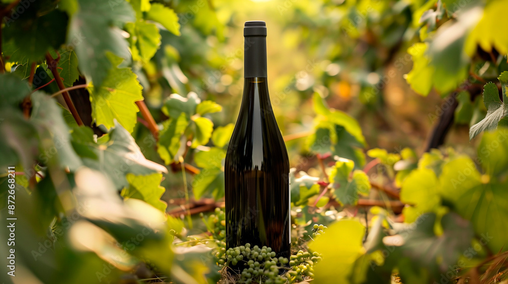 Fototapeta premium a bottle of French or Italian red wine stands in the vineyard between the vines.