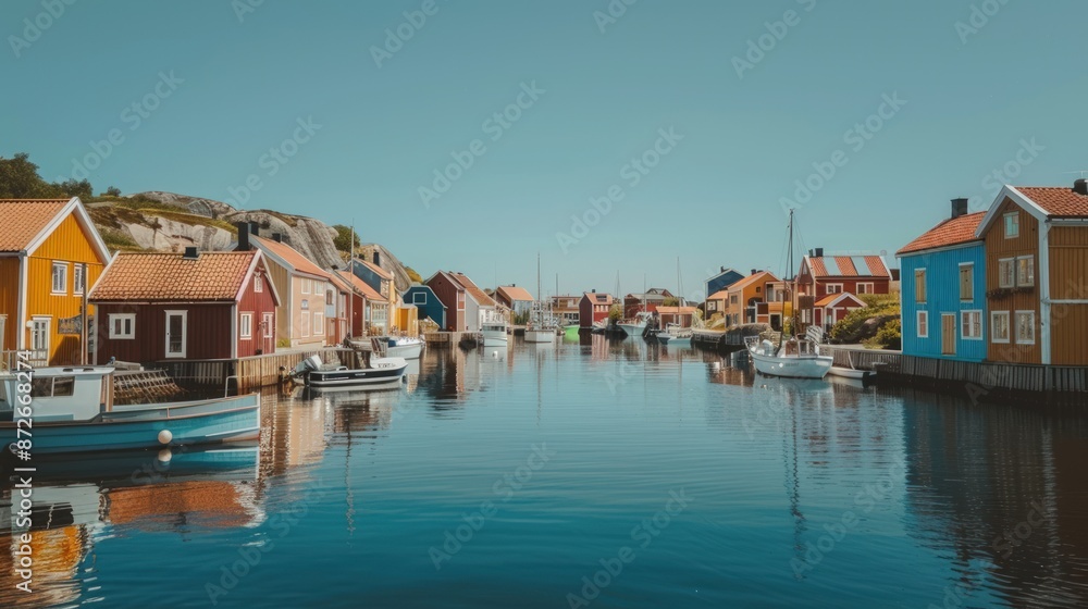 A small town with many colorful houses and boats on the water. Generate AI A small town with many colorful houses and boats on the water. Generate AI