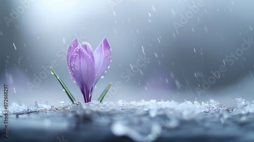 Purple crocus bloom on an icy stalk, snow softly falling in a serene scene, soft-focus background enhancing its early spring charm.