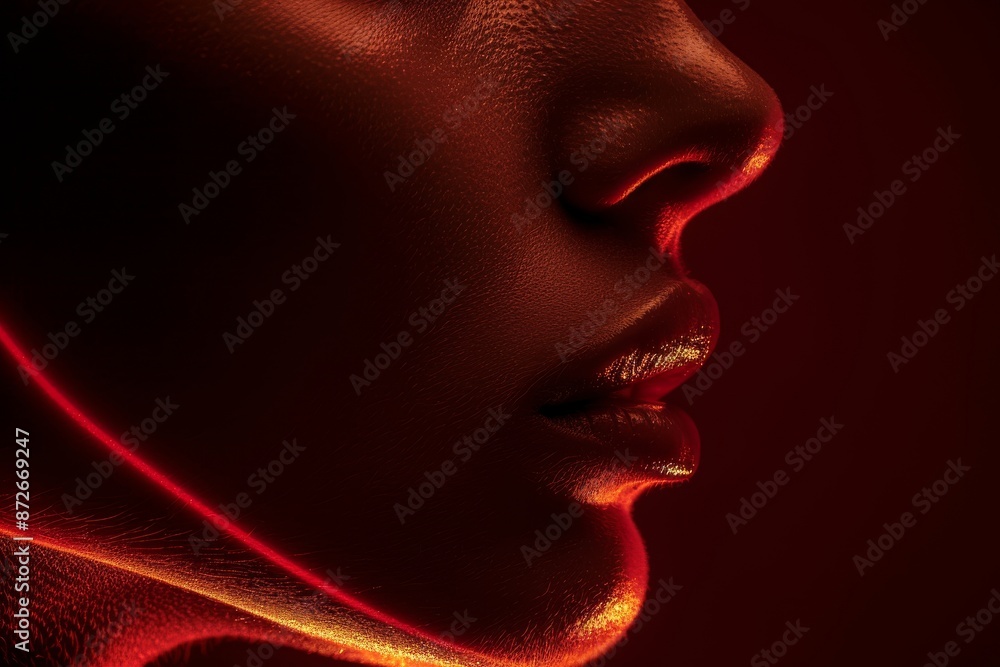 Futuristic profile portrait of a woman with red neon lighting capturing modern aesthetics and intensity high resolution digital photography Futuristic profile portrait of a woman with red neon lighting capturing modern aesthetics and intensity high resolution digital photography