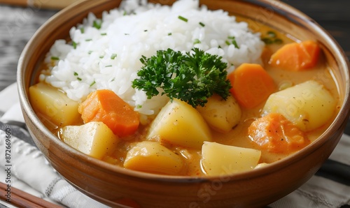 Curry and rice with potatoes and carrots, Generative AI