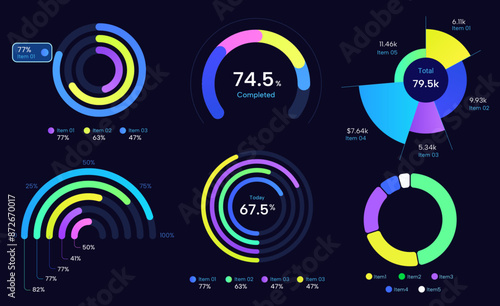 set of colorful cool futuristic trendy sport data topic pie chart vector diagram