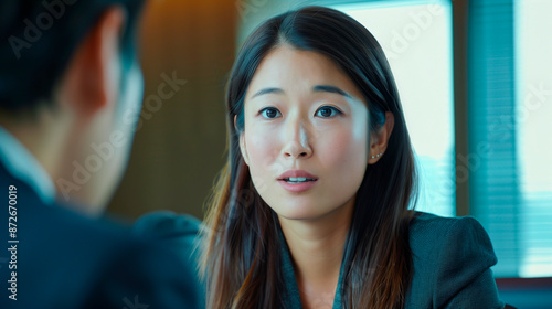 Wallpaper Mural Portrait young asian professional woman face with a classic bob hair, confidently presenting a new product in a sleek modern office.	 Torontodigital.ca