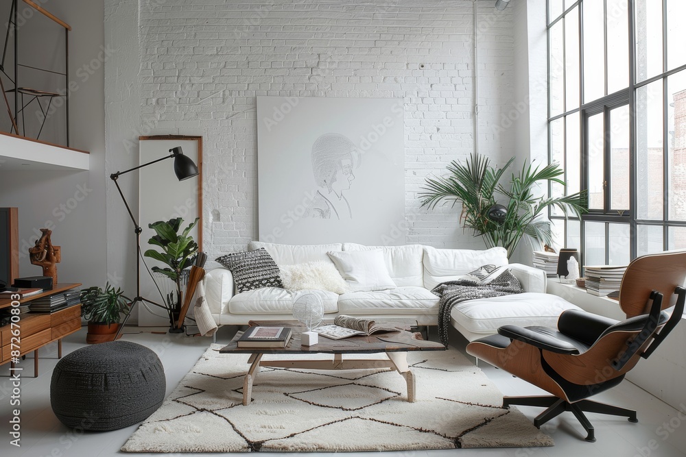 Interior of modern living room with white sofa, armchair, coffee table and posters. Interior of modern living room with white sofa, armchair, coffee table and posters.