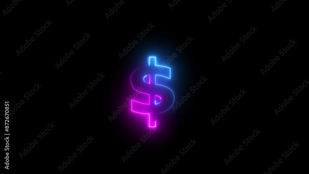 Two color neon line dollar icon animation. Glowing dollar symbol icon on black background. Two color neon line dollar icon animation. Glowing dollar symbol icon on black background.