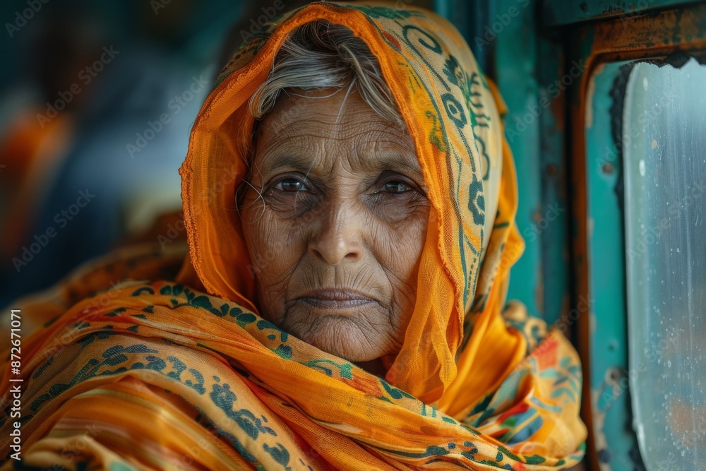 Portrait of an elderly woman wearing an orange headscarf. AI. Portrait of an elderly woman wearing an orange headscarf. AI.