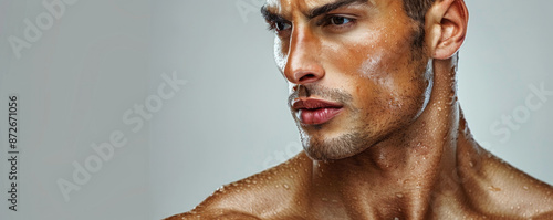 A man with a beard and a mustache is standing in front of a white wall. He is sweating and has a serious expression on his face