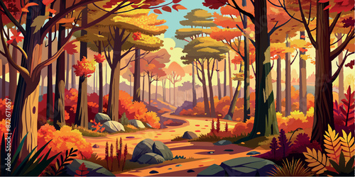 Autumn dense forest with daylight picturesque vector illustration