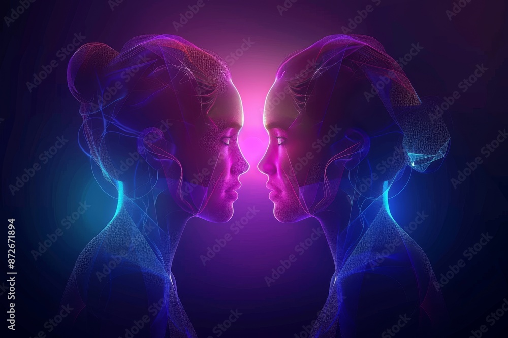 Neon double exposure portrait of women facing each other capturing a sense of modernity and connection high resolution digital art Neon double exposure portrait of women facing each other capturing a sense of modernity and connection high resolution digital art