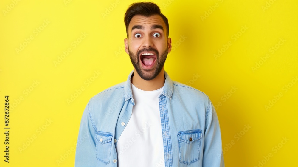 A man with a big smile on his face and his mouth open. He is wearing a blue shirt. Amazed young Indian man looking at camera with wow face expression feeling surprised advertising shopping promotion A man with a big smile on his face and his mouth open. He is wearing a blue shirt. Amazed young Indian man looking at camera with wow face expression feeling surprised advertising shopping promotion