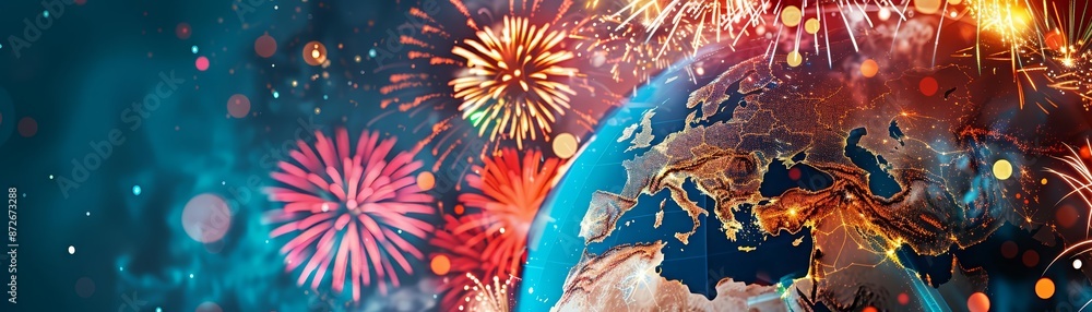 Obraz premium Creative New Year vector scene of a world globe with fireworks erupting from various countries