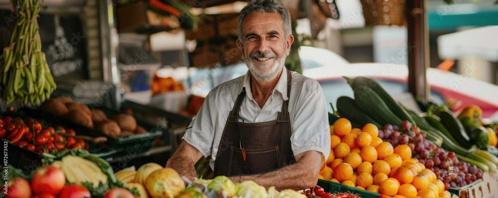 The farmer sells organic fruits and vegetables. Working behind the farmer's market counter with fresh organic farm produce. Businessman looks at the camera The farmer sells organic fruits and vegetables. Working behind the farmer's market counter with fresh organic farm produce. Businessman looks at the camera