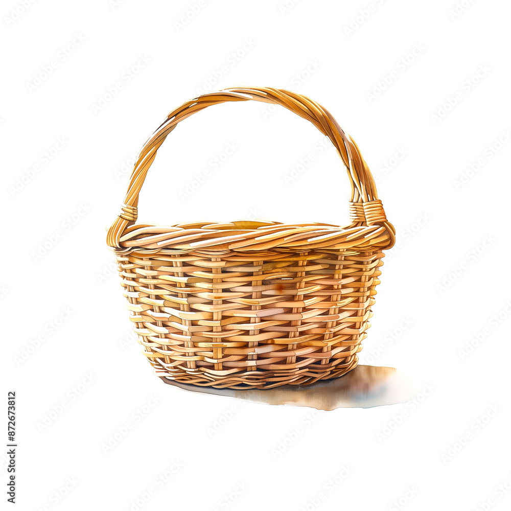 Watercolor illustration of wicker basket on white background Watercolor illustration of wicker basket on white background