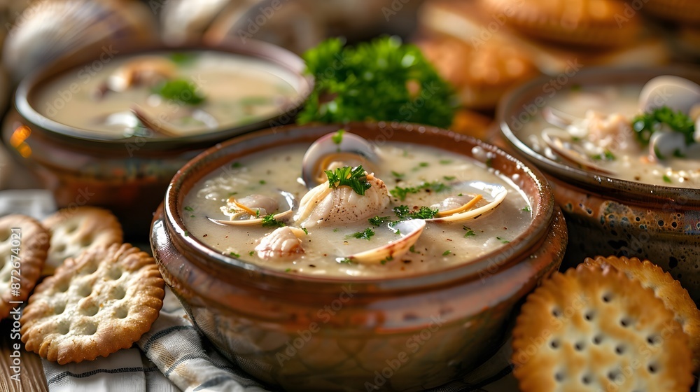 Close-Up of Clam Chowder in Rustic Bowls with Crackers Close-Up of Clam Chowder in Rustic Bowls with Crackers