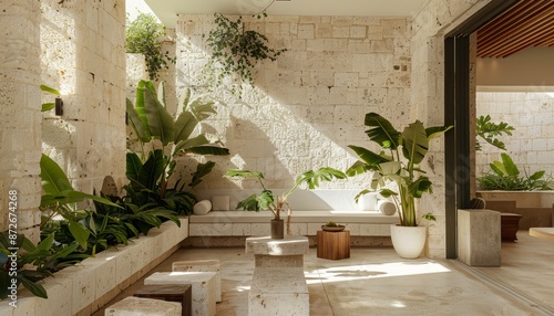 Fototapeta Naklejka Na Ścianę i Meble -  Luxurious hotel interior design, with limestone and concrete accents, nature aesthetic