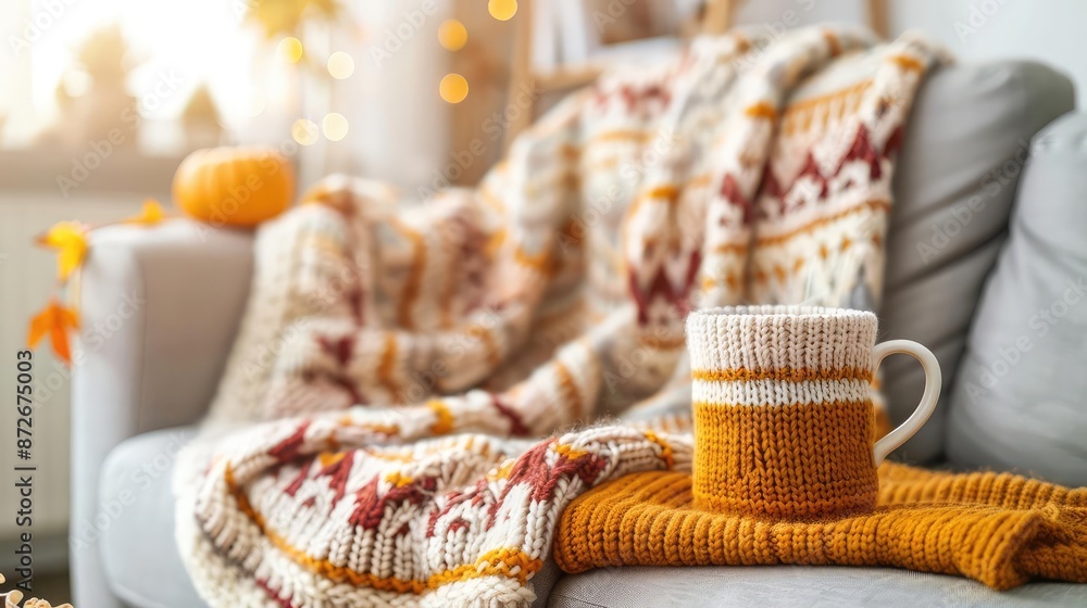 Knitting autumnthemed sweaters in a cozy living room, soft lighting, creative process Knitting autumnthemed sweaters in a cozy living room, soft lighting, creative process