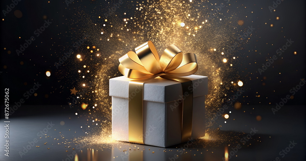 Gift box with gold ribbon and bow on dark golden sparkles background banner. Holiday background. Christmas, birthday, shopping, sale backdrop.Copy space Gift box with gold ribbon and bow on dark golden sparkles background banner. Holiday background. Christmas, birthday, shopping, sale backdrop.Copy space