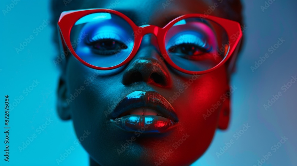 Young black female model in sunglasses in stylish clothes in fashion editorial style. Bold vibrant high fashion visual in neon colors on blue background. Young black female model in sunglasses in stylish clothes in fashion editorial style. Bold vibrant high fashion visual in neon colors on blue background.