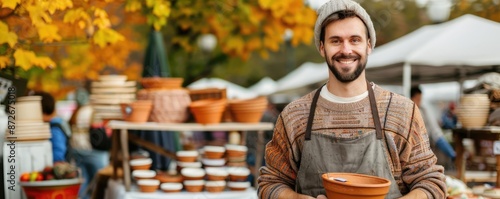 Local vendor selling handmade autumn crafts at a bustling outdoor market, colorful leaves in background, rustic charm photo