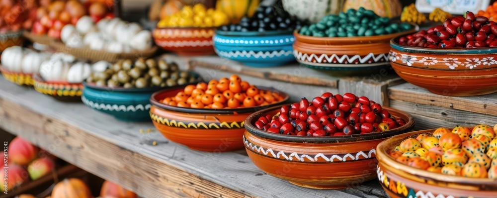 Wooden stall at a local market showcasing handpainted autumn decorations, rich fall hues, artisanal touch Wooden stall at a local market showcasing handpainted autumn decorations, rich fall hues, artisanal touch