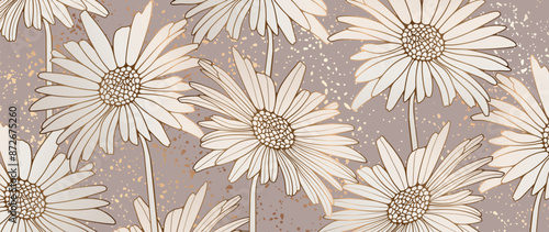 Beige luxury floral background with cute daisies or calendula flowers.