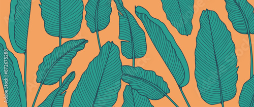 Bright summer tropical background with hand drawn green banana leaves. Summer, vacation, travel, tropics