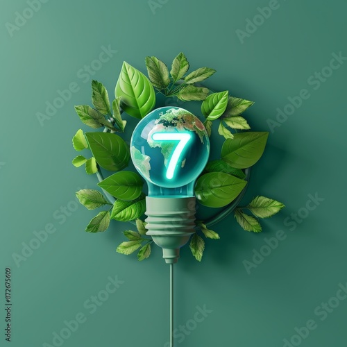 Earth Hour Ecology and Environment Concept with power button, lightblub and green leves background, 3D illustration photo