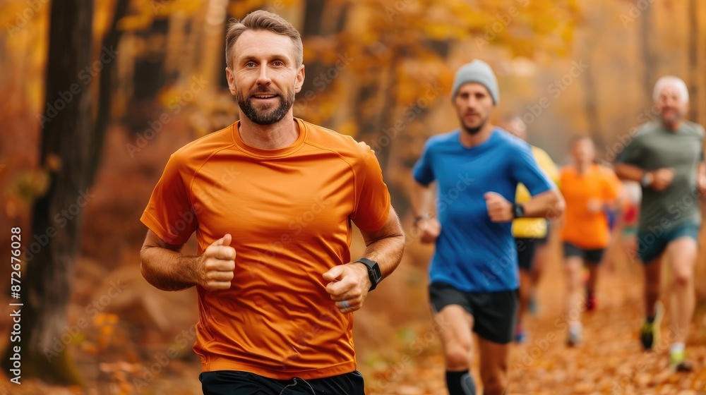 Group of runners enjoying an autumn trail, leaves crunching underfoot, invigorating exercise Group of runners enjoying an autumn trail, leaves crunching underfoot, invigorating exercise