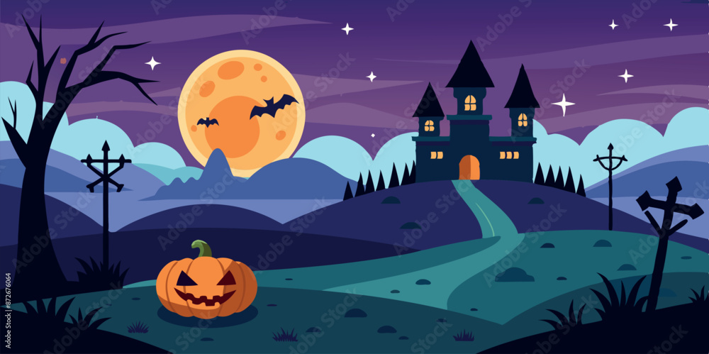 Flat Halloween dark background with scary castle Flat Halloween dark background with scary castle