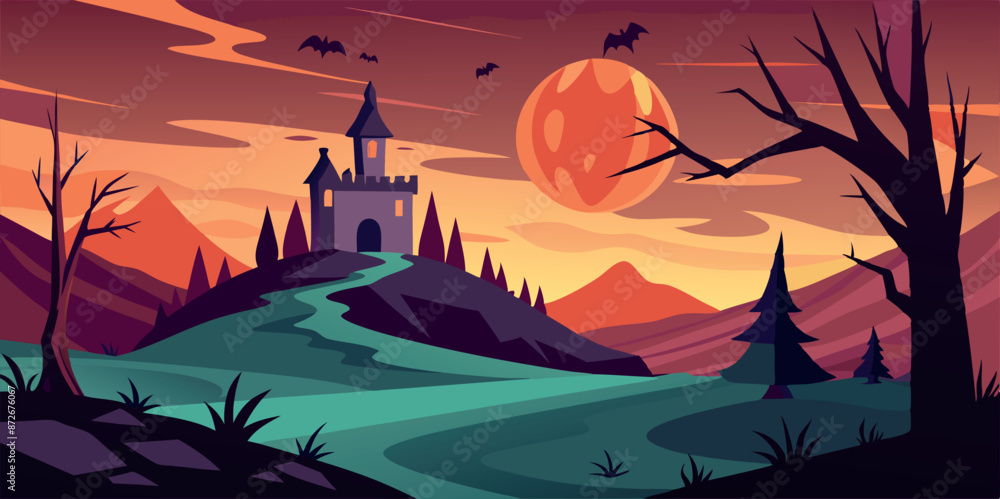 Halloween vector flat background with castle and bats Halloween vector flat background with castle and bats