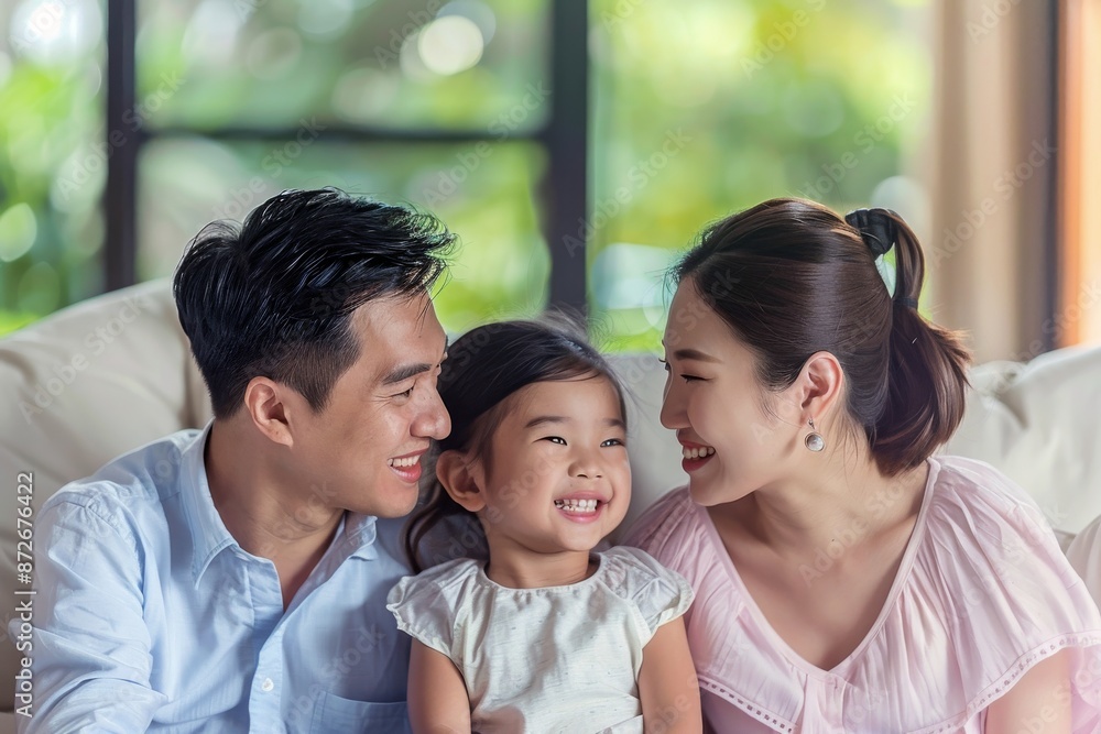 Happy family portrait, a family smiling and sitting on a white couch in the living room Happy family portrait, a family smiling and sitting on a white couch in the living room