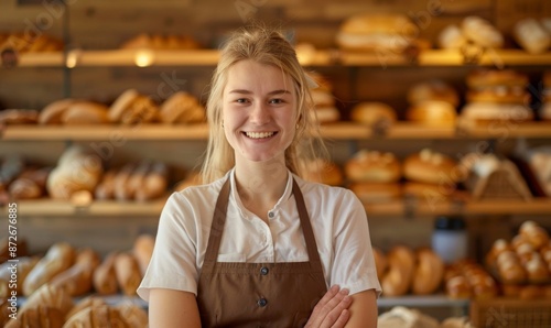 A cheerful young bakery worker stands amidst a bustling backdrop of a bakery filled with shelves full of freshly baked bread. © wpw