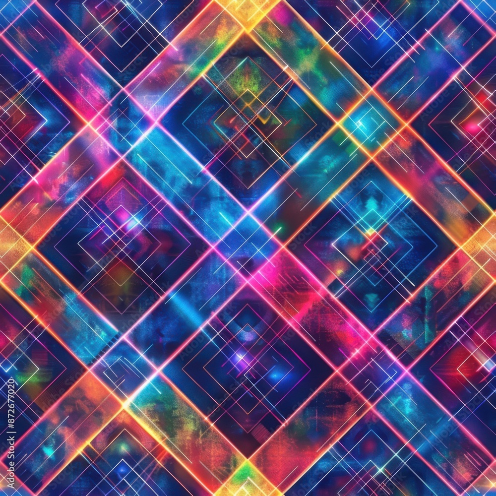 A vibrant geometric pattern with neon lights in various colors forming diamond shapes seamless pattern background A vibrant geometric pattern with neon lights in various colors forming diamond shapes seamless pattern background