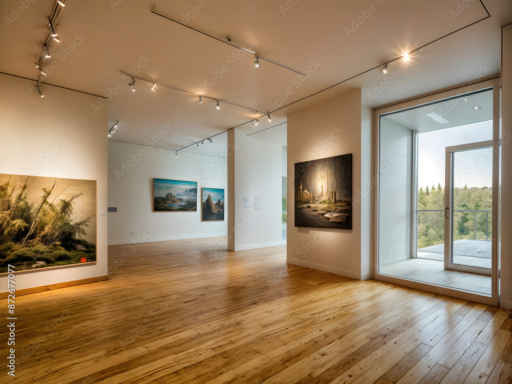 An art gallery with a large window, displaying paintings on the walls. The floor is made of wood. An art gallery with a large window, displaying paintings on the walls. The floor is made of wood.