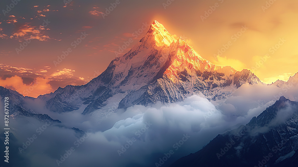 A majestic mountain peak towering above the clouds, bathed in golden sunlight with a soft mist rising from its base A majestic mountain peak towering above the clouds, bathed in golden sunlight with a soft mist rising from its base