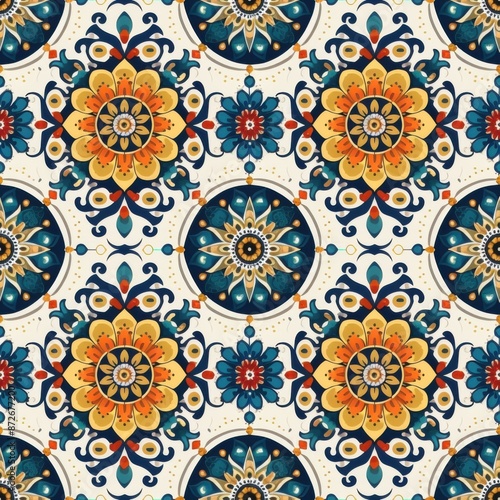 Wallpaper Mural A traditional pattern featuring intricate mandala floral designs in vibrant colors seamless pattern background Torontodigital.ca