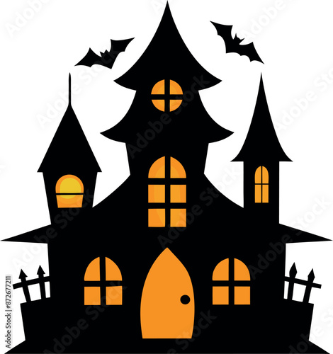 Scary Halloween house with bats vector flat illustration