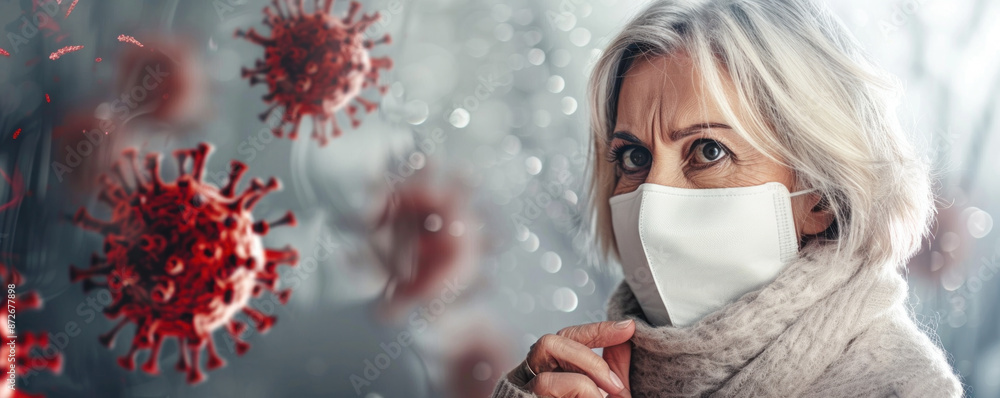 A woman wearing a mask is standing in front of a red background. Concept of caution and concern about the spread of a virus A woman wearing a mask is standing in front of a red background. Concept of caution and concern about the spread of a virus