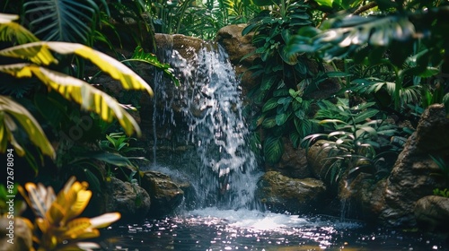 Background image of waterfall cascading into a forest pond. Beautiful waterfall surrounded with natural forest and sun ray. Nature photography. Natural tranquility concept. Design for poster. AIGT2.