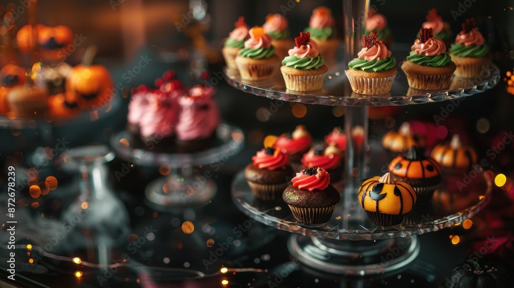 A spooky Halloween party with costumed guests mingling around a buffet table filled with themed treats like A spooky Halloween party with costumed guests mingling around a buffet table filled with themed treats like