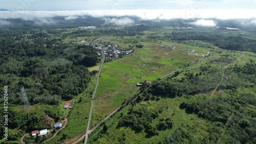 Kuching, Malaysia - July 4 2024: Aerial View of The Skuduk Paddy Field