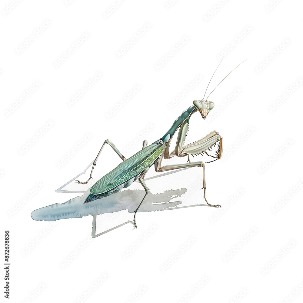 Watercolor illustration of praying mantis on white background Watercolor illustration of praying mantis on white background