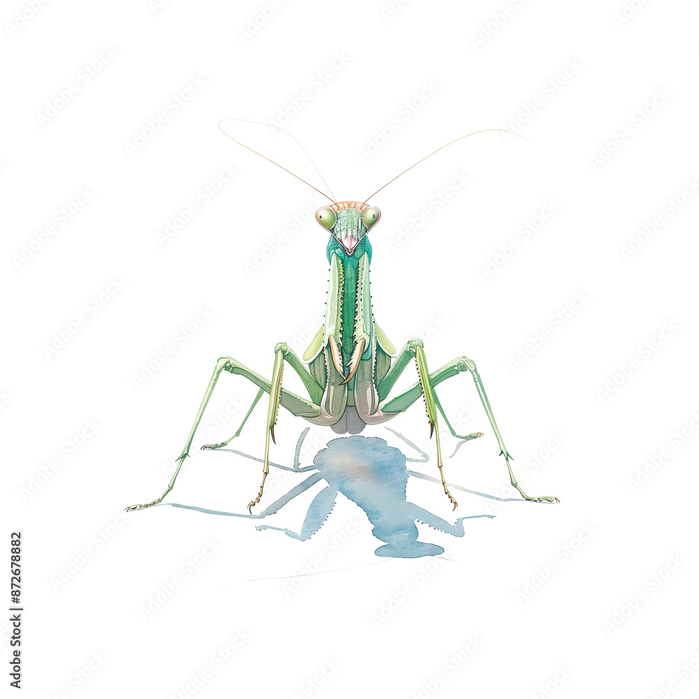 Watercolor illustration of praying mantis on white background Watercolor illustration of praying mantis on white background