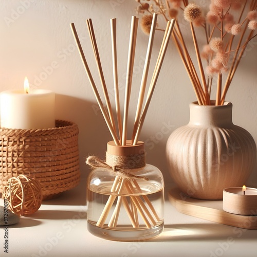 Home fragrance aroma diffuser with rattan sticks with a glass bottle, aroma reed diffuser home fragrance with rattan sticks on a light background.