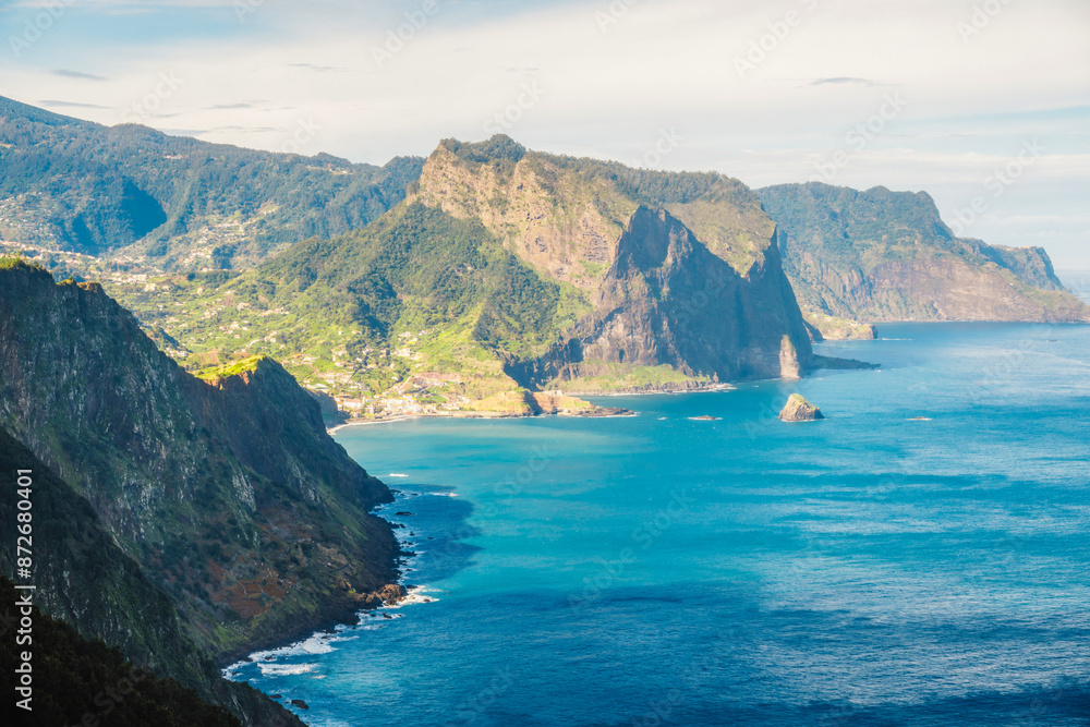 Views from Cabo de Larano viewpoint and Vereda do Larano coastal hiking trail. Cliffs atlantic ocean and tropical mountains vegetation. Madeira island in Portugal Views from Cabo de Larano viewpoint and Vereda do Larano coastal hiking trail. Cliffs atlantic ocean and tropical mountains vegetation. Madeira island in Portugal